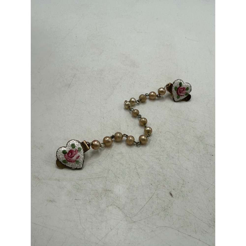 Vintage Heart Rose Enamel Faux Pearl Cardigan Sweater Clip Pat 2863701